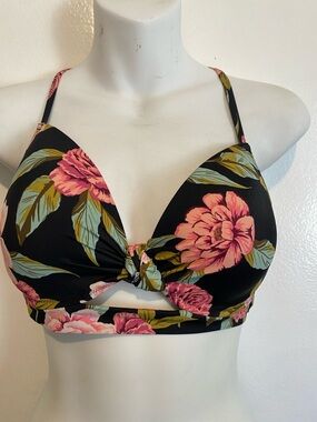Shade & Shore Black Floral Tie-Front Bikini Top - Pink & Green Flowers